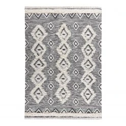 THEKO die markenteppiche Wollteppich Mora - Schurwolle / Baumwolle - Schwarz / Weiß - 90 x 160 cm